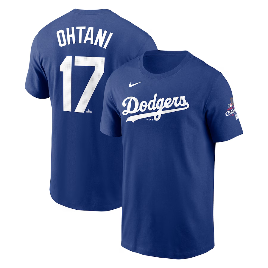 Men Los Angeles Dodgers #17 Ohtani 2024 MLB World Series Champions blue T shirts->mlb t-shirts->Sports Accessory